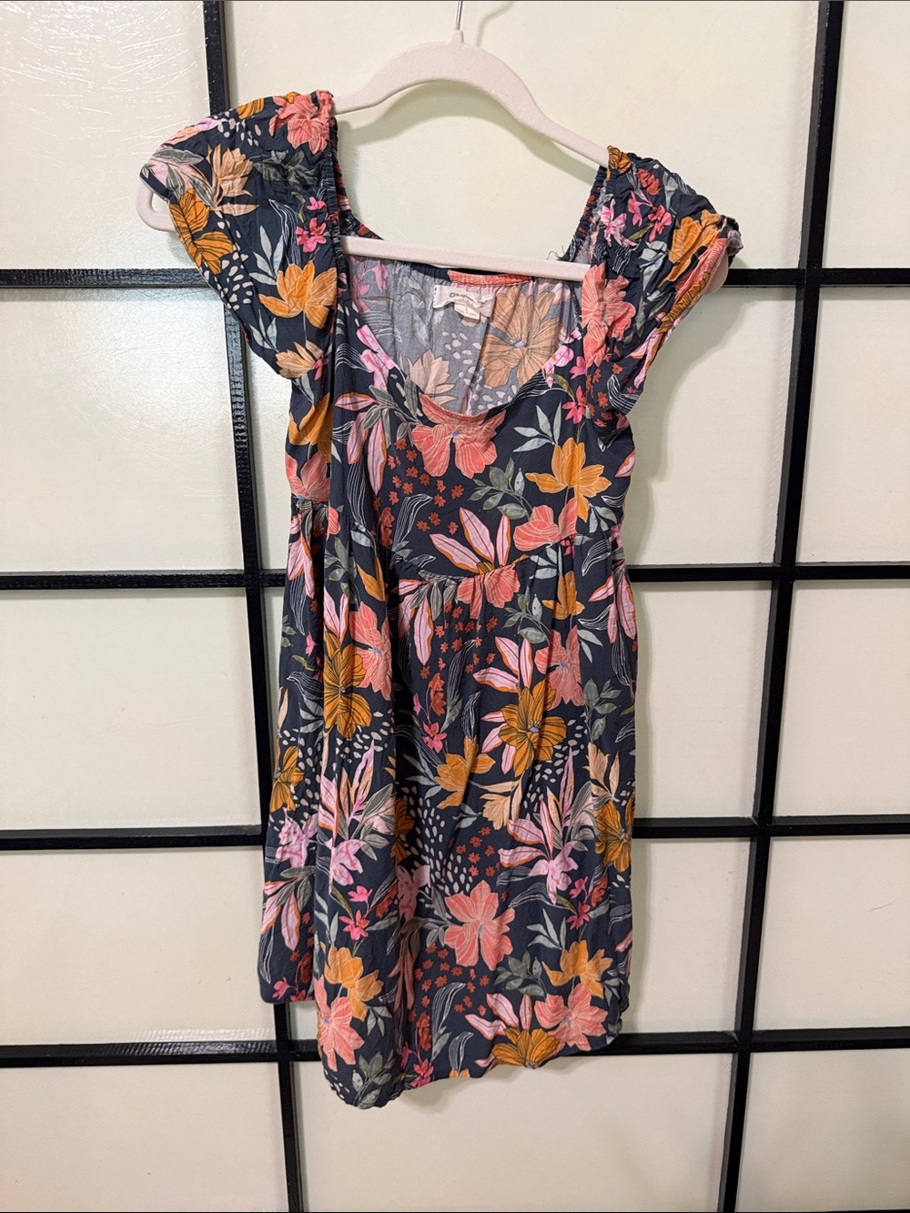 O'Neill Floral Scoop-Neck Dress in Charcoal with Pink & Mustard Blooms